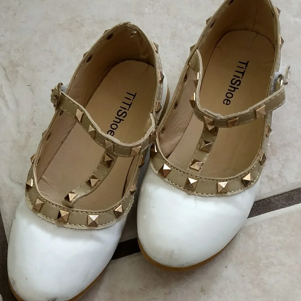 Girl's gold studded white t-strap dress shoes